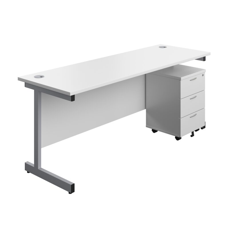 Single Upright Rectangular Desk + Mobile 3 Drawer Pedestal | 1800 X 600 | White/Silver