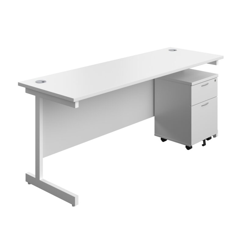 Single Upright Rectangular Desk + Mobile 2 Drawer Pedestal | 1800 X 600 | White/White