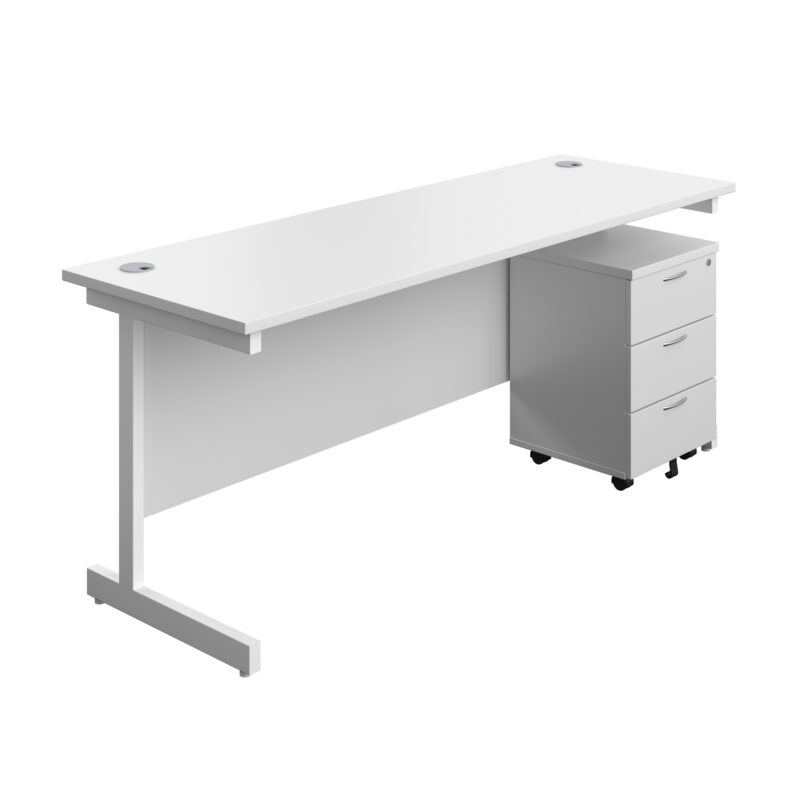 Single Upright Rectangular Desk + Mobile 3 Drawer Pedestal | 1800 X 600 | White/White