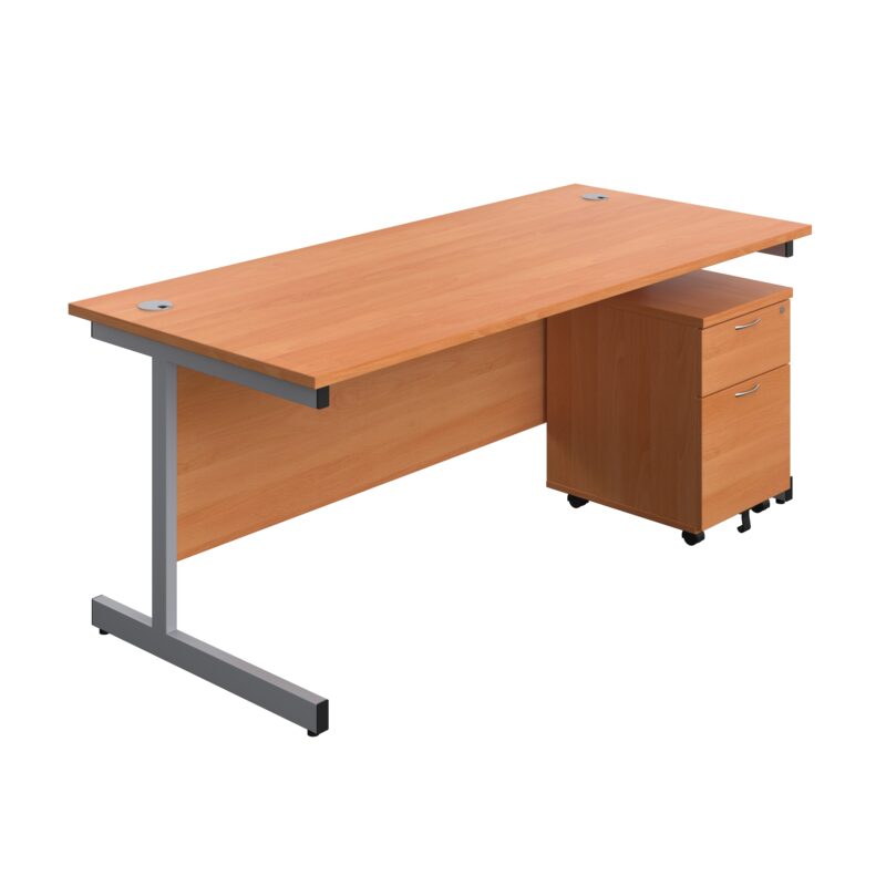 Single Upright Rectangular Desk + Mobile 2 Drawer Pedestal | 1800 X 800 | Beech/Silver