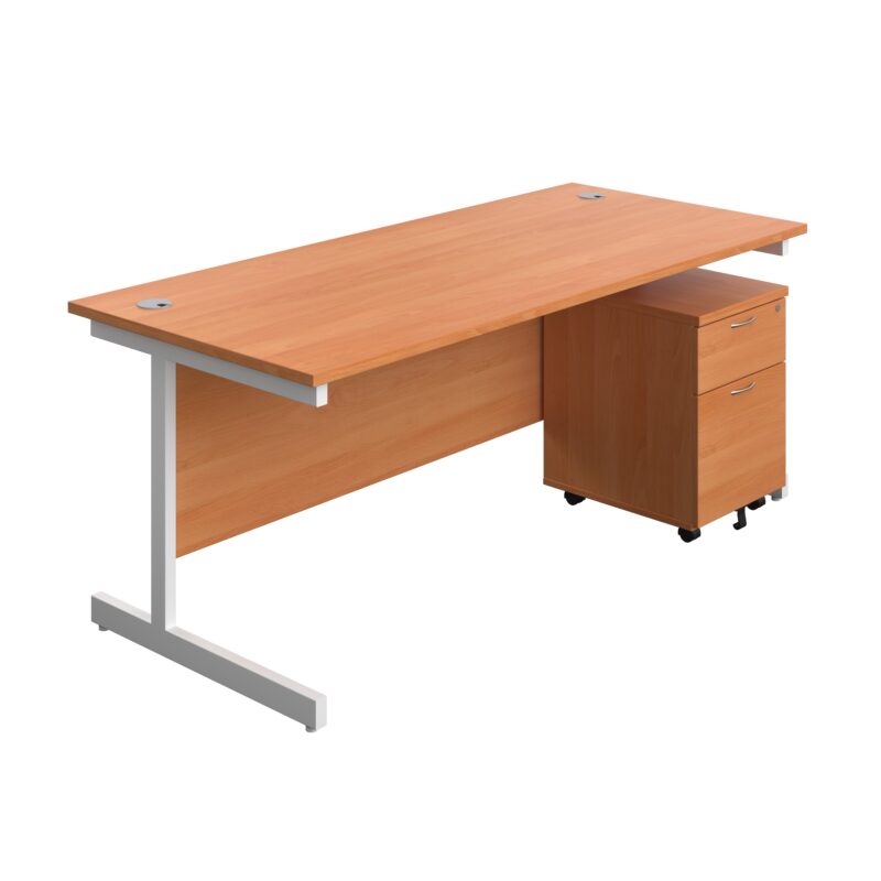 Single Upright Rectangular Desk + Mobile 2 Drawer Pedestal | 1800 X 800 | Beech/White