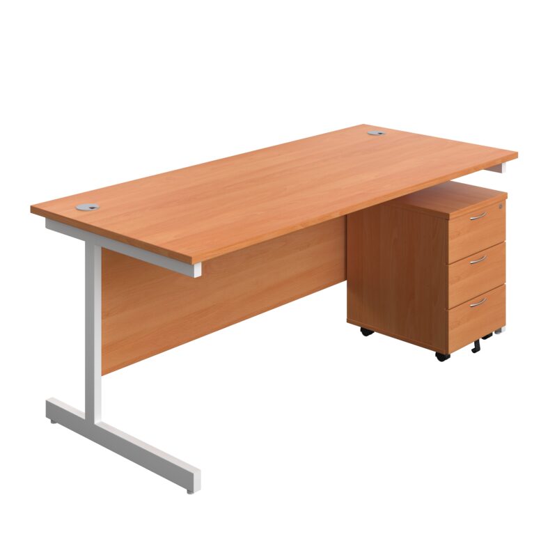 Single Upright Rectangular Desk + Mobile 3 Drawer Pedestal | 1800 X 800 | Beech/White