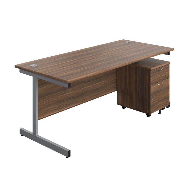 Single Upright Rectangular Desk + Mobile 2 Drawer Pedestal | 1800 X 800 | Dark Walnut/Silver