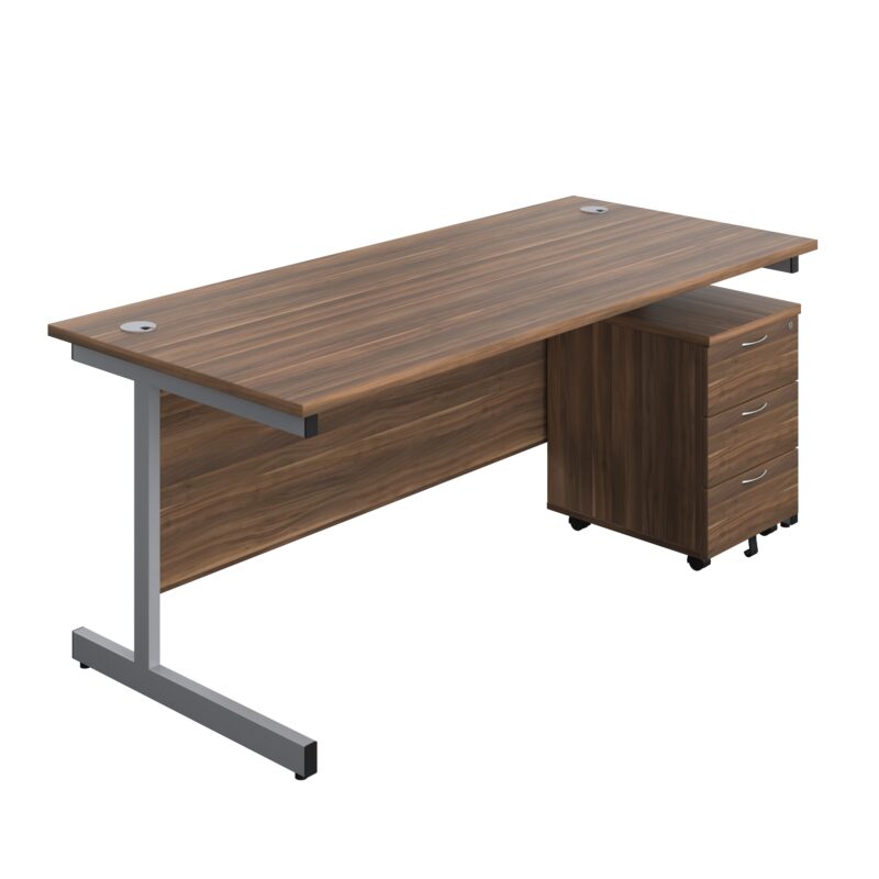 Single Upright Rectangular Desk + Mobile 3 Drawer Pedestal | 1800 X 800 | Dark Walnut/Silver