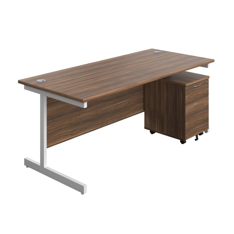 Single Upright Rectangular Desk + Mobile 2 Drawer Pedestal | 1800 X 800 | Dark Walnut/White