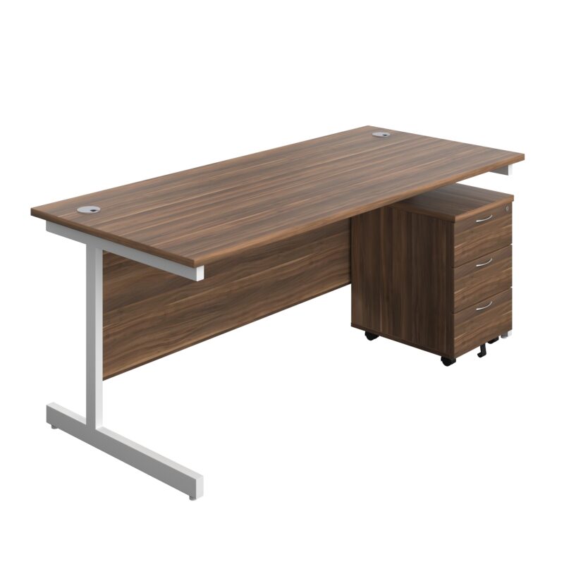 Single Upright Rectangular Desk + Mobile 3 Drawer Pedestal | 1800 X 800 | Dark Walnut/White