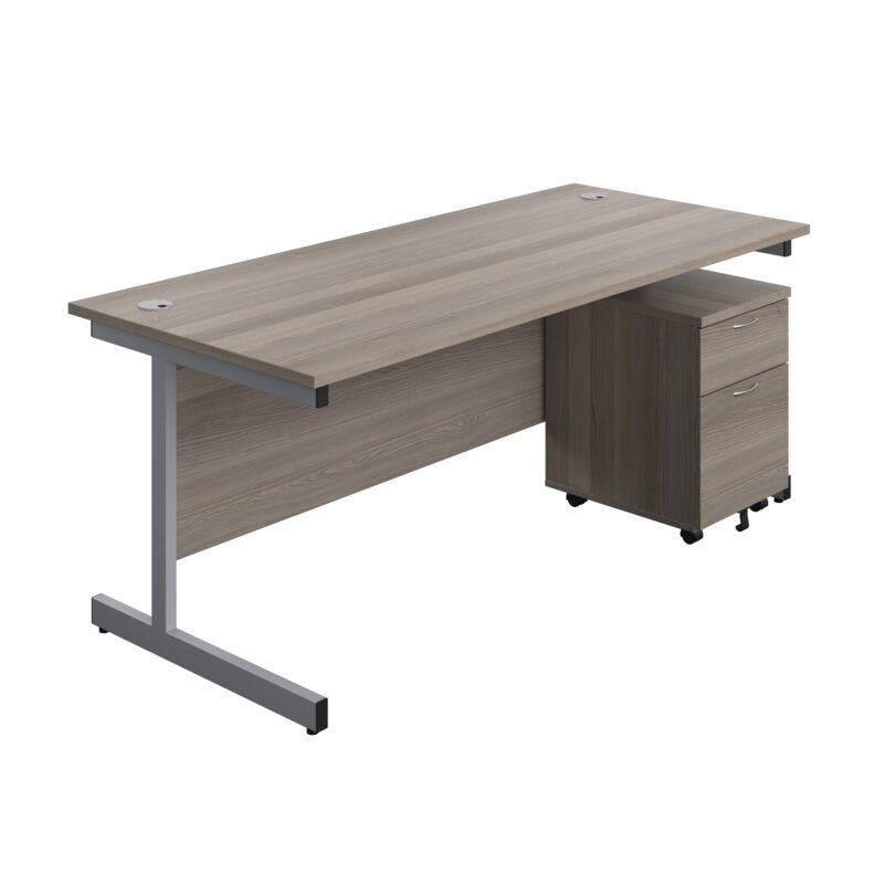 Single Upright Rectangular Desk + Mobile 2 Drawer Pedestal | 1800 X 800 | Grey Oak/Silver