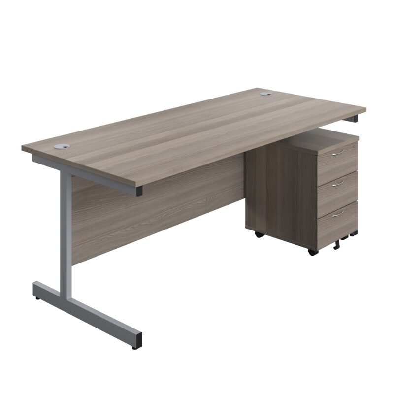 Single Upright Rectangular Desk + Mobile 3 Drawer Pedestal | 1800 X 800 | Grey Oak/Silver