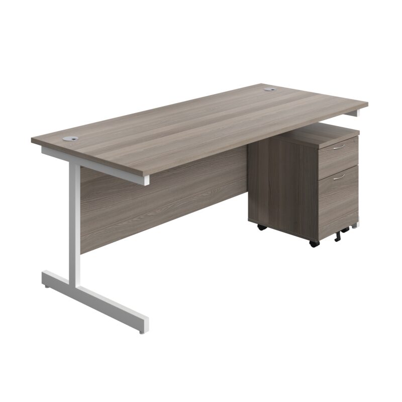 Single Upright Rectangular Desk + Mobile 2 Drawer Pedestal | 1800 X 800 | Grey Oak/White