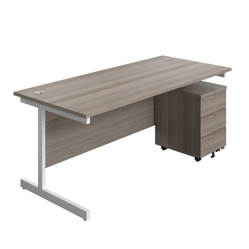 Single Upright Rectangular Desk + Mobile 3 Drawer Pedestal | 1800 X 800 | Grey Oak/White