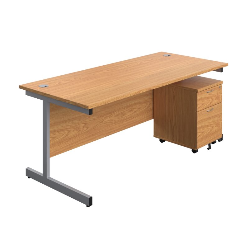 Single Upright Rectangular Desk + Mobile 2 Drawer Pedestal | 1800 X 800 | Nova Oak/Silver