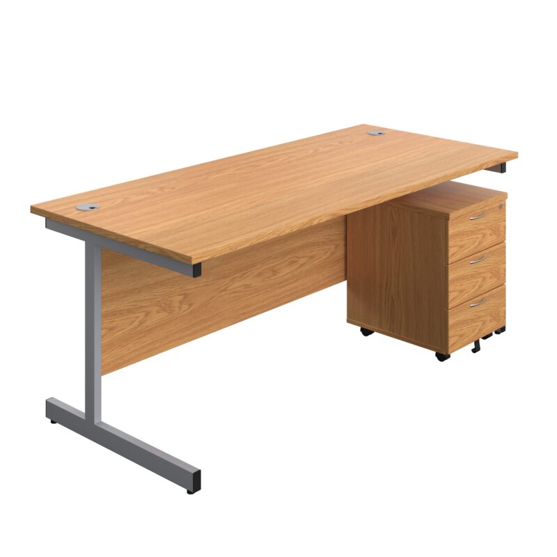 Single Upright Rectangular Desk + Mobile 3 Drawer Pedestal | 1800 X 800 | Nova Oak/Silver