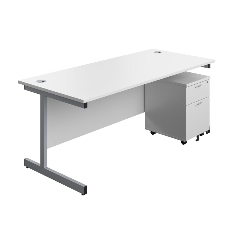 Single Upright Rectangular Desk + Mobile 2 Drawer Pedestal | 1800 X 800 | White/Silver