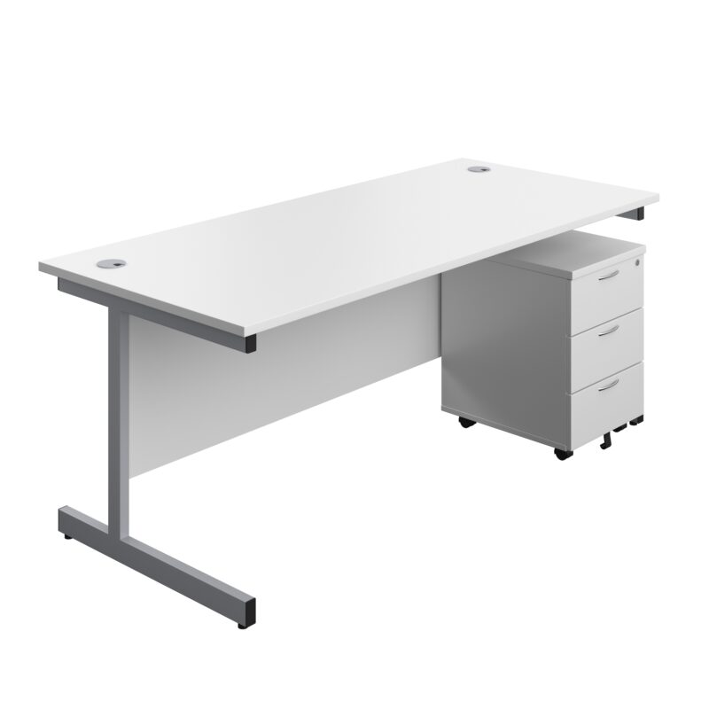 Single Upright Rectangular Desk + Mobile 3 Drawer Pedestal | 1800 X 800 | White/Silver