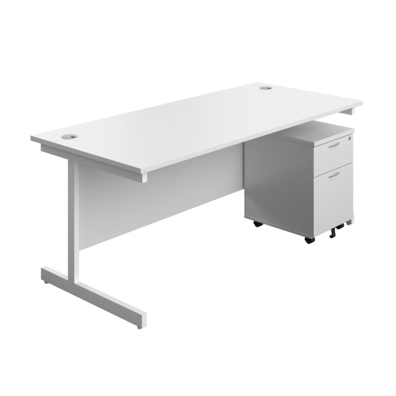 Single Upright Rectangular Desk + Mobile 2 Drawer Pedestal | 1800 X 800 | White/White