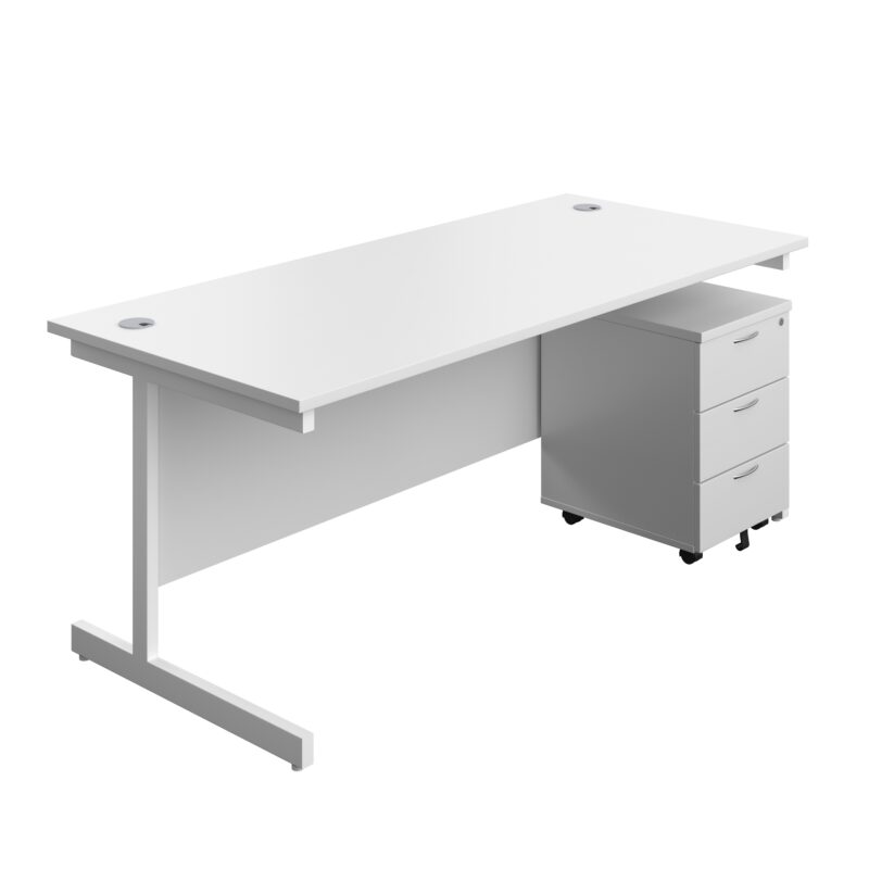 Single Upright Rectangular Desk + Mobile 3 Drawer Pedestal | 1800 X 800 | White/White