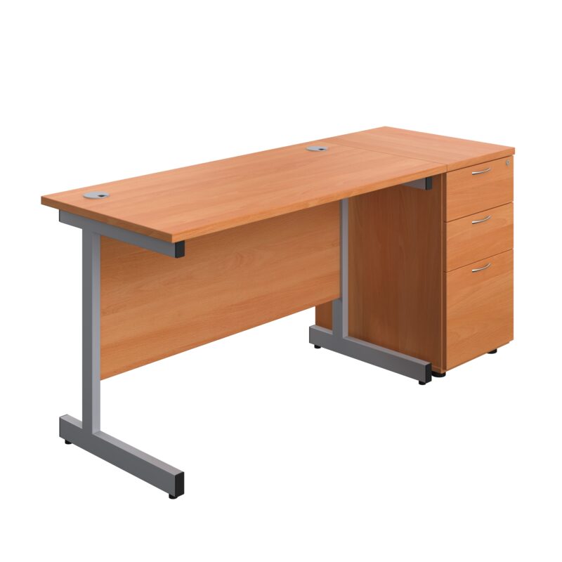 Single Upright Rectangular Desk + Desk High 3 Drawer Pedestal | 1200 X 600 | Beech/Silver