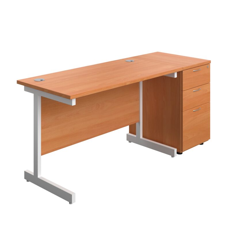 Single Upright Rectangular Desk + Desk High 3 Drawer Pedestal | 1200 X 600 | Beech/White