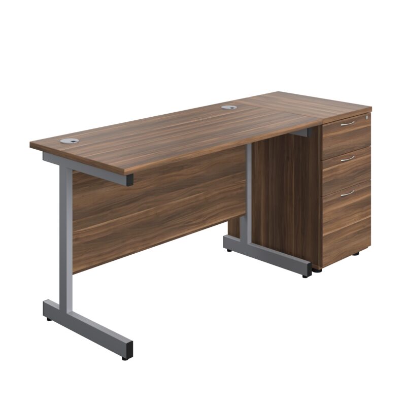 Single Upright Rectangular Desk + Desk High 3 Drawer Pedestal | 1200 X 600 | Dark Walnut/Silver