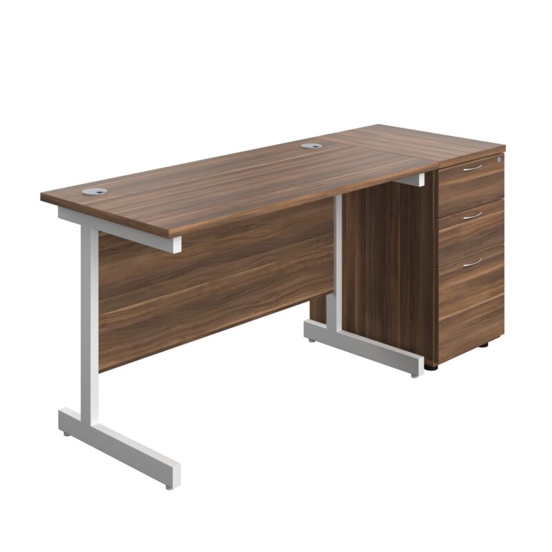 Single Upright Rectangular Desk + Desk High 3 Drawer Pedestal | 1200 X 600 | Dark Walnut/White