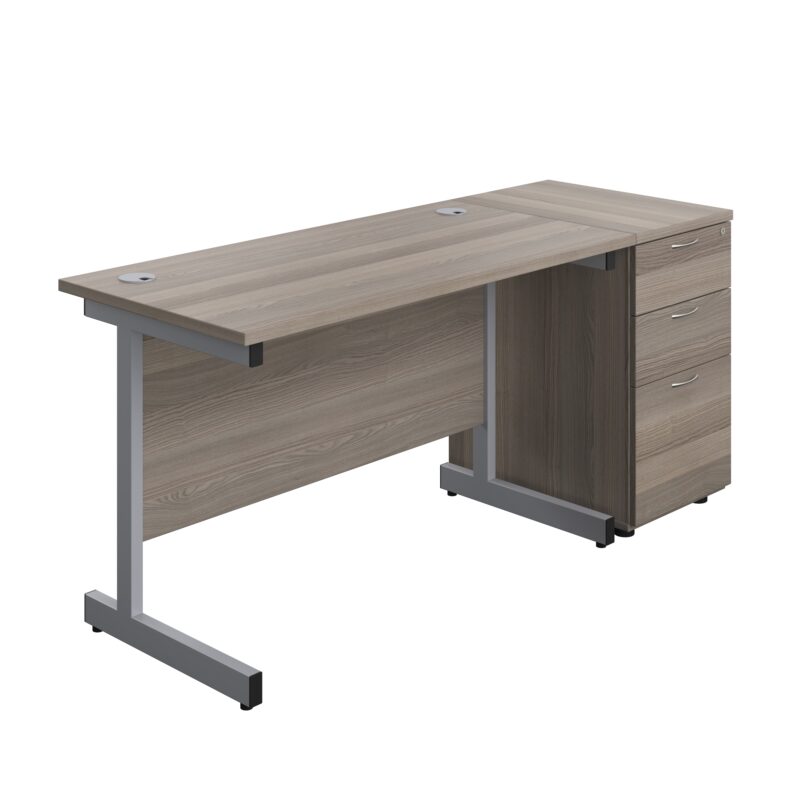 Single Upright Rectangular Desk + Desk High 3 Drawer Pedestal | 1200 X 600 | Grey Oak/Silver