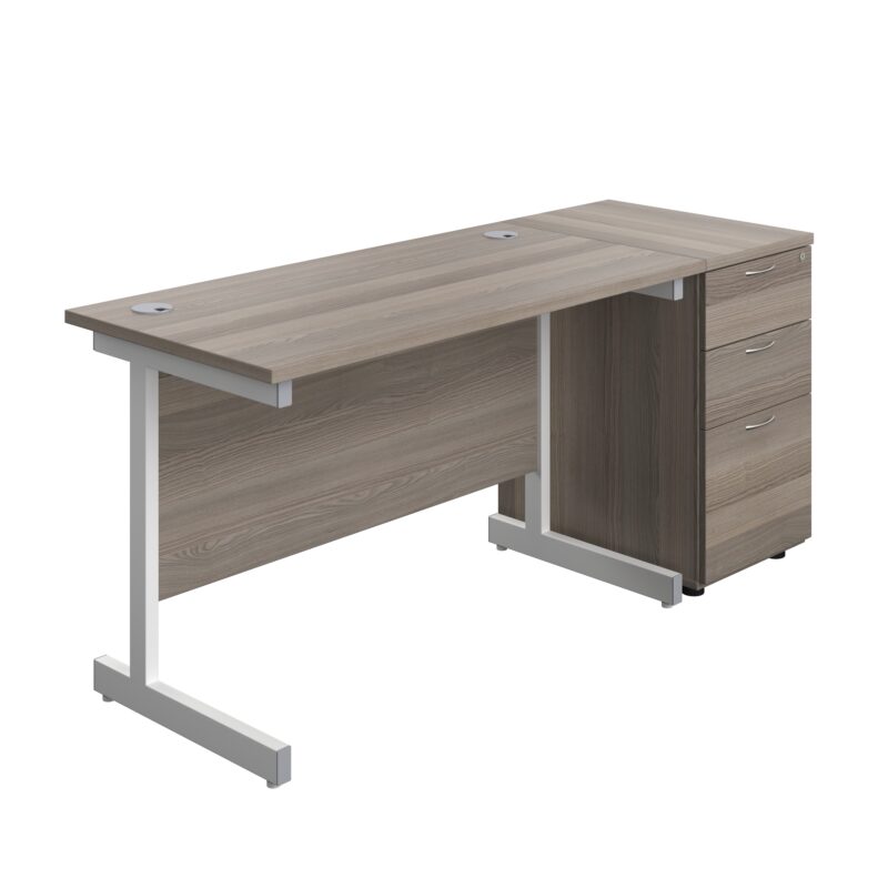 Single Upright Rectangular Desk + Desk High 3 Drawer Pedestal | 1200 X 600 | Grey Oak/White