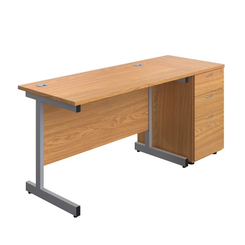 Single Upright Rectangular Desk + Desk High 3 Drawer Pedestal | 1200 X 600 | Nova Oak/Silver