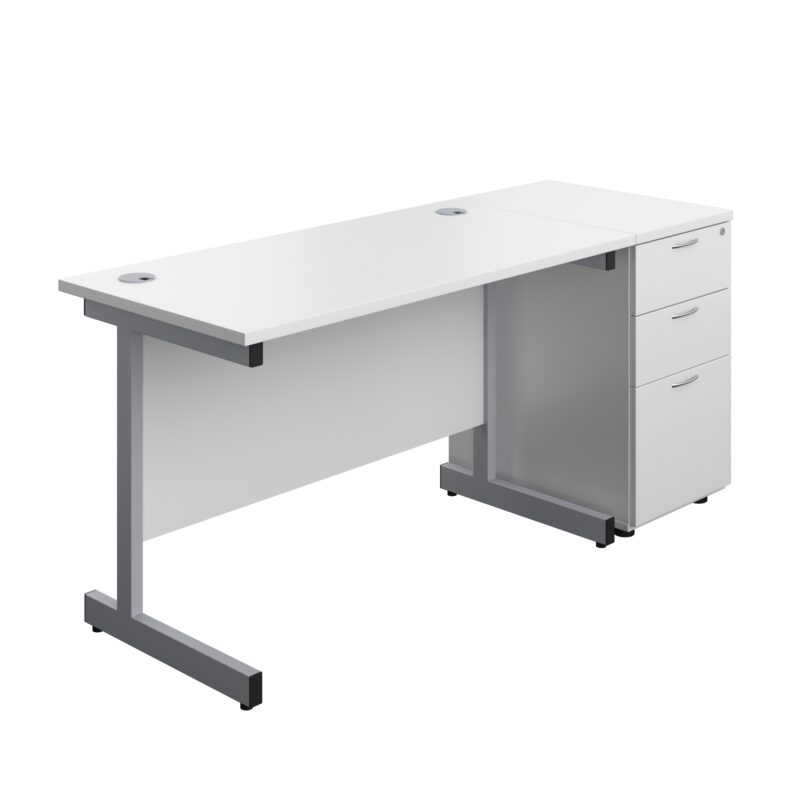 Single Upright Rectangular Desk + Desk High 3 Drawer Pedestal | 1200 X 600 | White/Silver