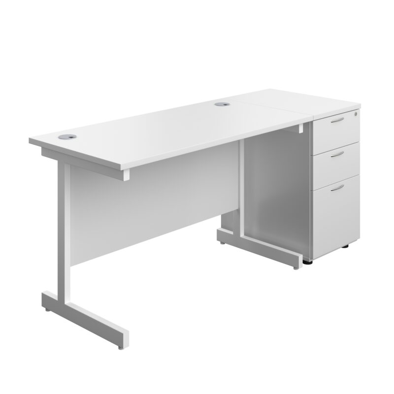 Single Upright Rectangular Desk + Desk High 3 Drawer Pedestal | 1200 X 600 | White/White