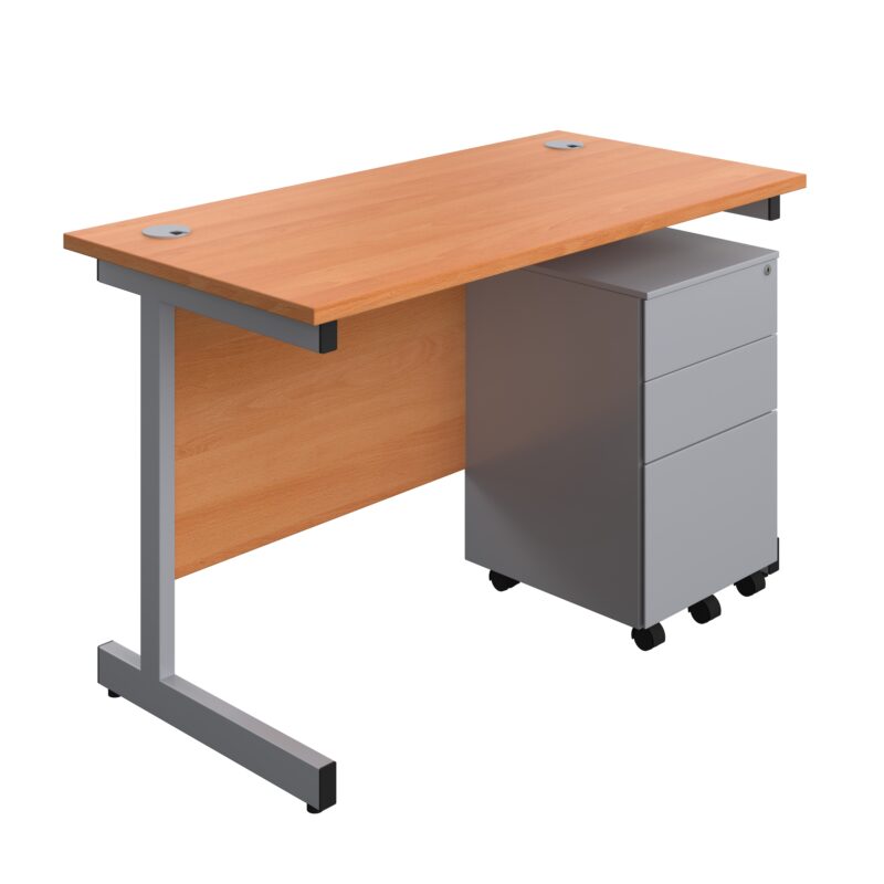 Single Upright Rectangular Desk + Under Desk Steel Pedestal 3 Drawers | 1200 X 600 | Beech/Silver