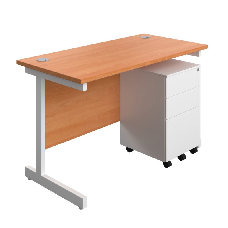 Single Upright Rectangular Desk + Under Desk Steel Pedestal 3 Drawers | 1200 X 600 | Beech/White