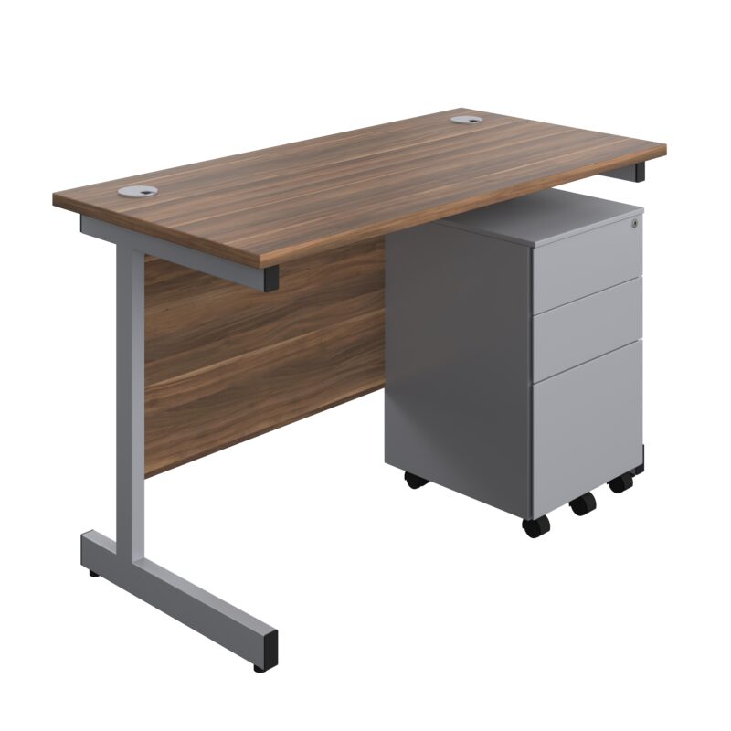 Single Upright Rectangular Desk + Under Desk Steel Pedestal 3 Drawers | 1200 X 600 | Dark Walnut/Silver