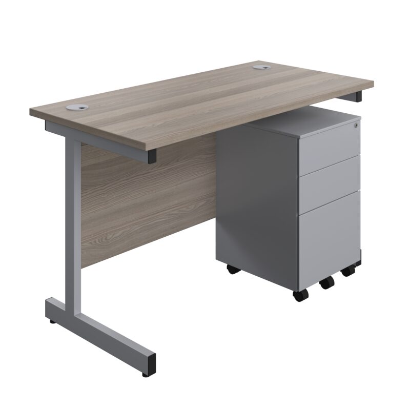 Single Upright Rectangular Desk + Under Desk Steel Pedestal 3 Drawers | 1200 X 600 | Grey Oak/Silver