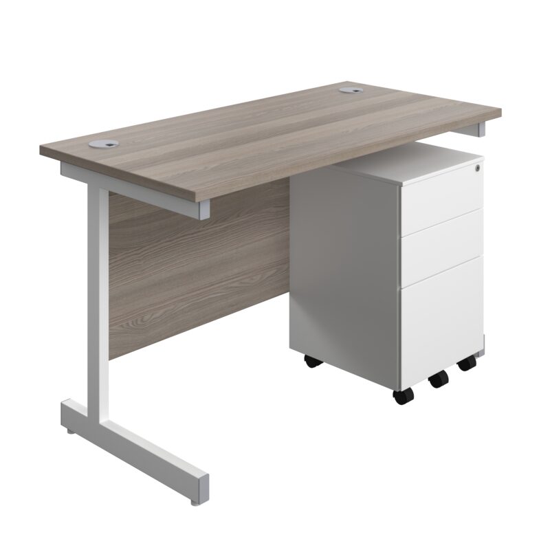 Single Upright Rectangular Desk + Under Desk Steel Pedestal 3 Drawers | 1200 X 600 | Grey Oak/White