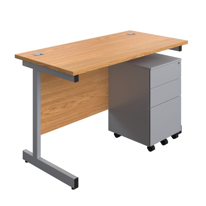 Single Upright Rectangular Desk + Under Desk Steel Pedestal 3 Drawers | 1200 X 600 | Nova Oak/Silver