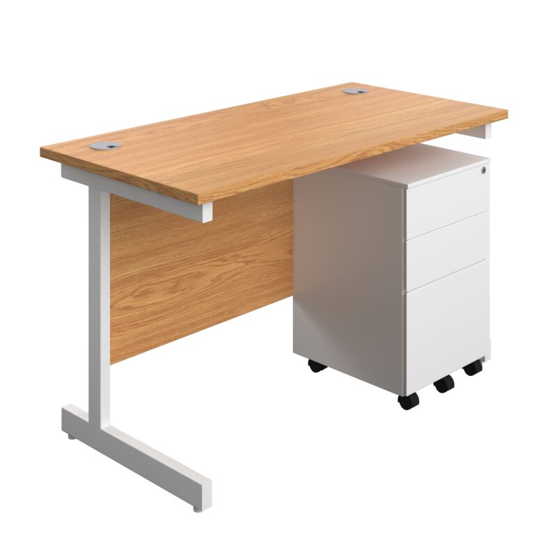 Single Upright Rectangular Desk + Under Desk Steel Pedestal 3 Drawers | 1200 X 600 | Nova Oak/White