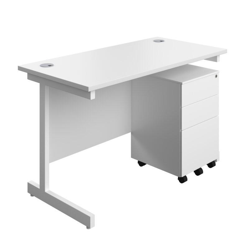 Single Upright Rectangular Desk + Under Desk Steel Pedestal 3 Drawers | 1200 X 600 | White/White