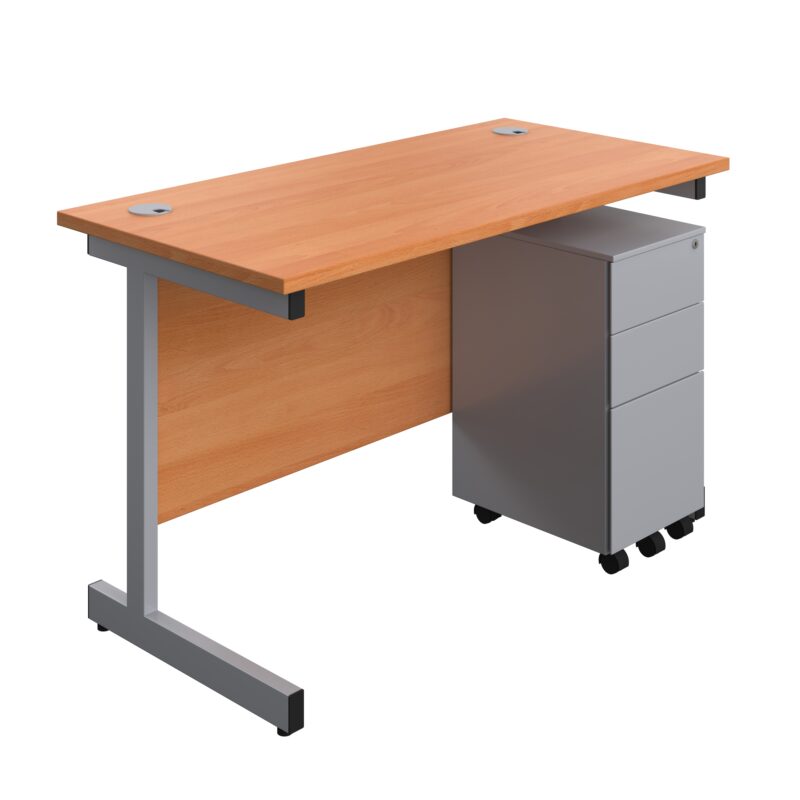 Single Upright Rectangular Desk + Slimline Steel Pedestal 3 Drawers | 1200 X 600 | Beech/Silver