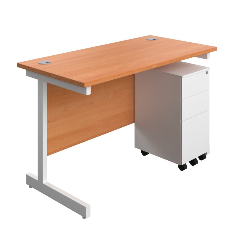 Single Upright Rectangular Desk + Slimline Steel Pedestal 3 Drawers | 1200 X 600 | Beech/White