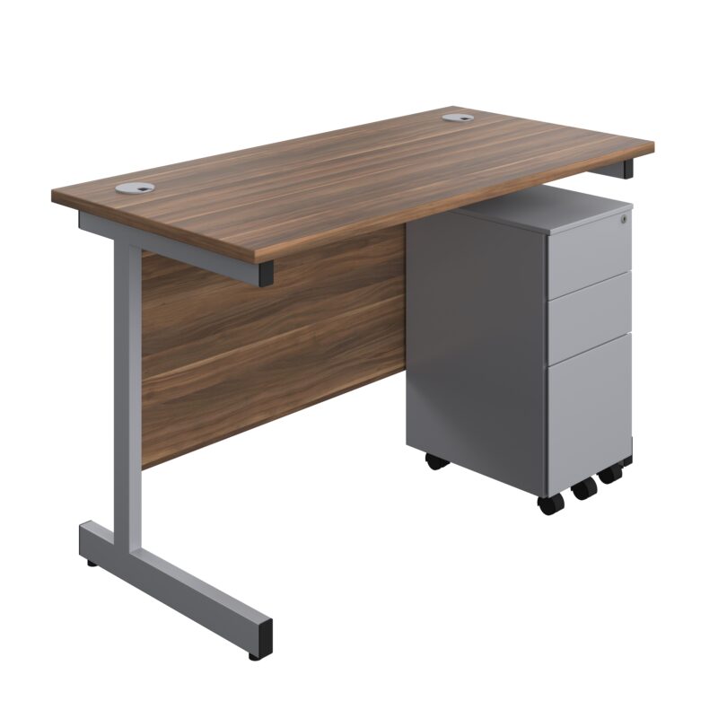 Single Upright Rectangular Desk + Slimline Steel Pedestal 3 Drawers | 1200 X 600 | Dark Walnut/Silver