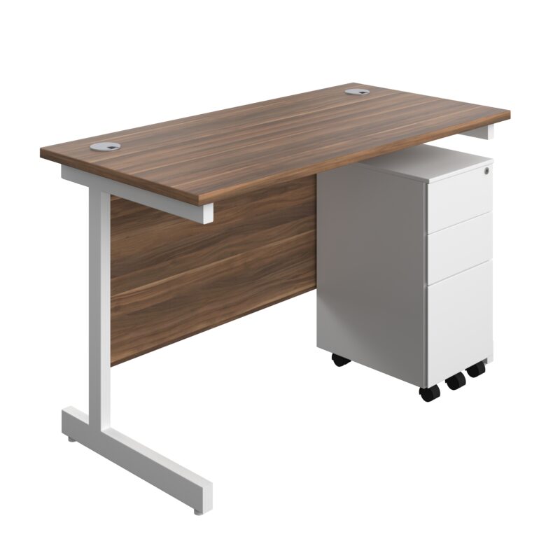 Single Upright Rectangular Desk + Slimline Steel Pedestal 3 Drawers | 1200 X 600 | Dark Walnut/White