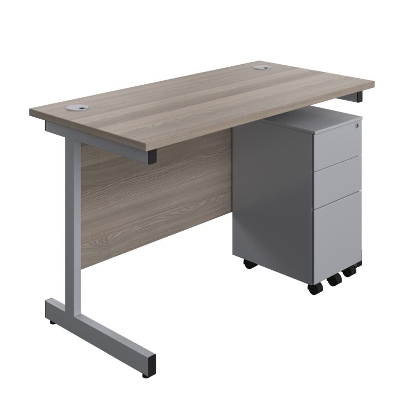 Single Upright Rectangular Desk + Slimline Steel Pedestal 3 Drawers | 1200 X 600 | Grey Oak/Silver