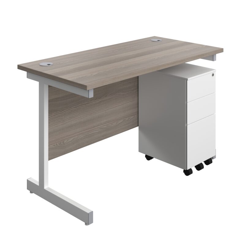 Single Upright Rectangular Desk + Slimline Steel Pedestal 3 Drawers | 1200 X 600 | Grey Oak/White