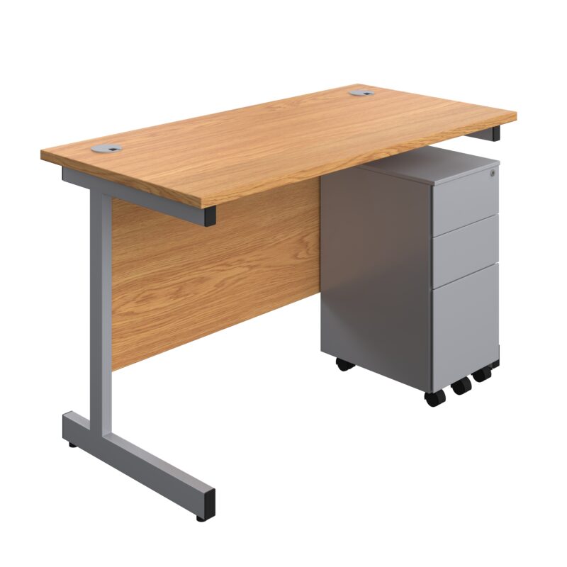 Single Upright Rectangular Desk + Slimline Steel Pedestal 3 Drawers | 1200 X 600 | Nova Oak/Silver