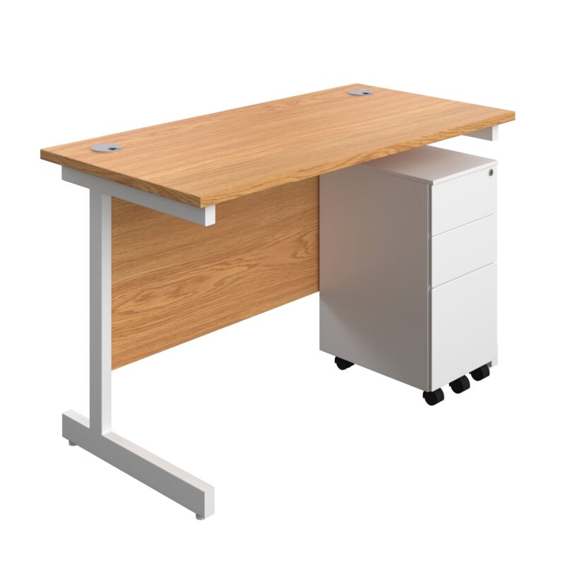 Single Upright Rectangular Desk + Slimline Steel Pedestal 3 Drawers | 1200 X 600 | Nova Oak/White