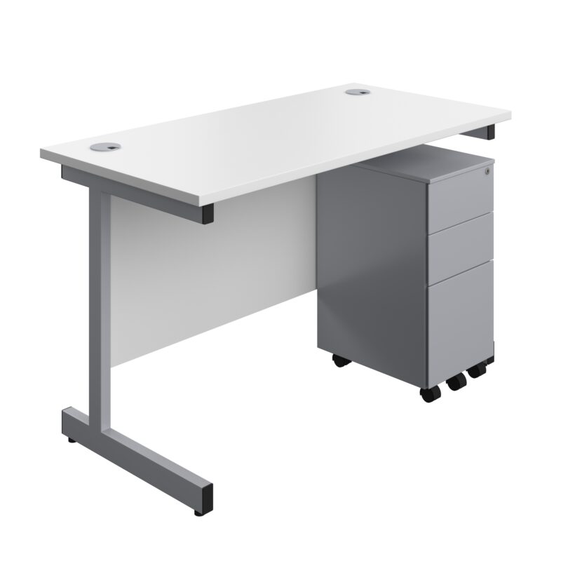 Single Upright Rectangular Desk + Slimline Steel Pedestal 3 Drawers | 1200 X 600 | White/Silver