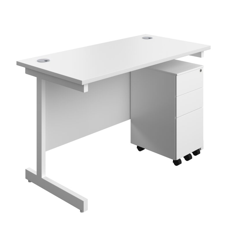 Single Upright Rectangular Desk + Slimline Steel Pedestal 3 Drawers | 1200 X 600 | White/White