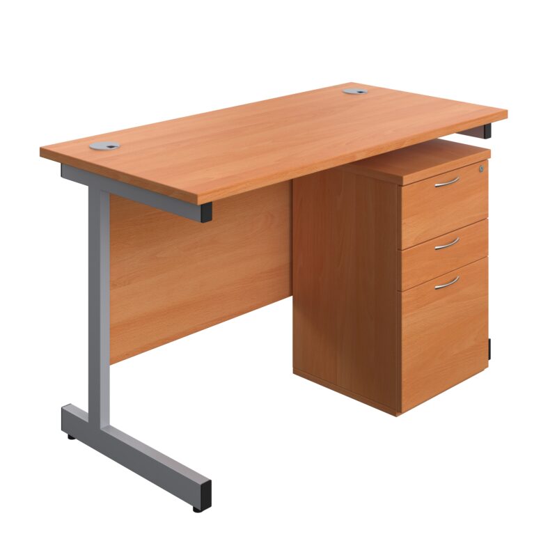 Single Upright Rectangular Desk + High Mobile Pedestal 3 Drawer | 1200 X 600 | Beech/Silver