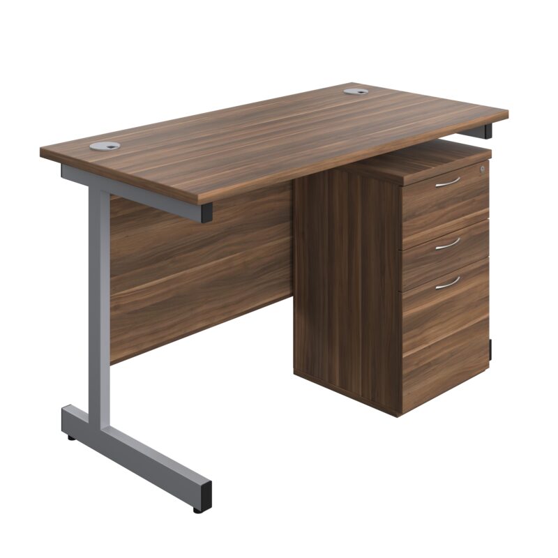 Single Upright Rectangular Desk + High Mobile Pedestal 3 Drawer | 1200 X 600 | Dark Walnut/Silver