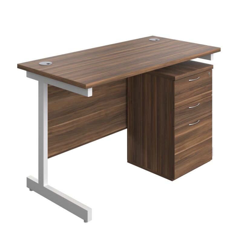 Single Upright Rectangular Desk + High Mobile Pedestal 3 Drawer | 1200 X 600 | Dark Walnut/White